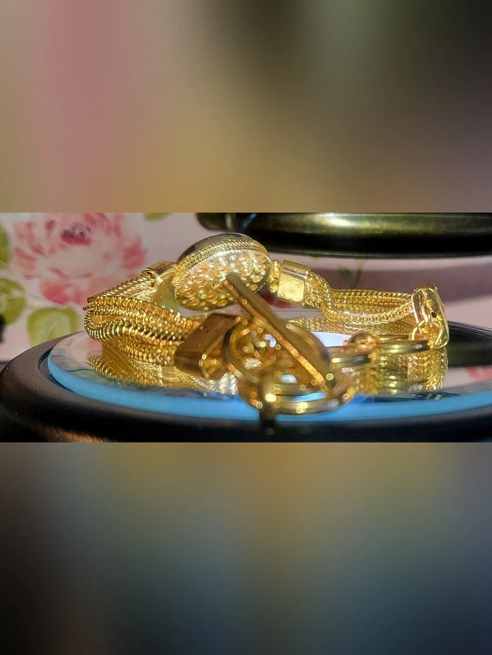 NUGZ USA Gold Tone Multi-Strand Mesh Snap Charm Bracelet Celestial Sun Moon